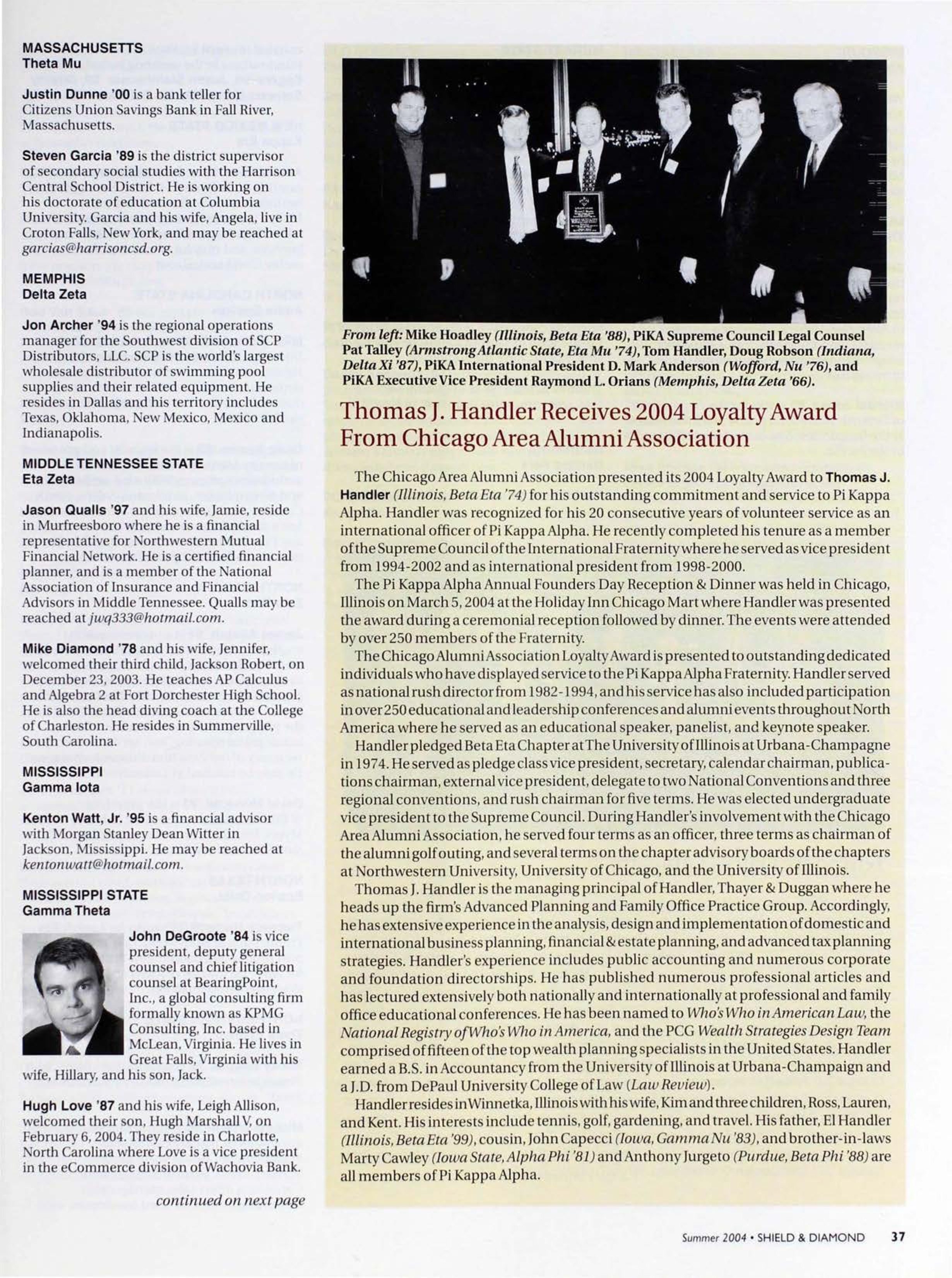 Thomas J. Handler Receives 2004 Loyalty Award From Chicago Area Alumni Association